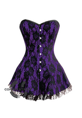 Purple Satin Net Gothic Burlesque Bustier Waist Training Costume Overbust Corset Dress